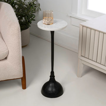 Ava 23.75" Art Deco Contemporary Metal Pedestal Drink Table and Decorative End Table with White Marble Round Top and Hammered Base